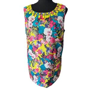 Gibson Latimer Floral Sleeveless Blouse Neon Jeweled Neckline Yellow Pink L